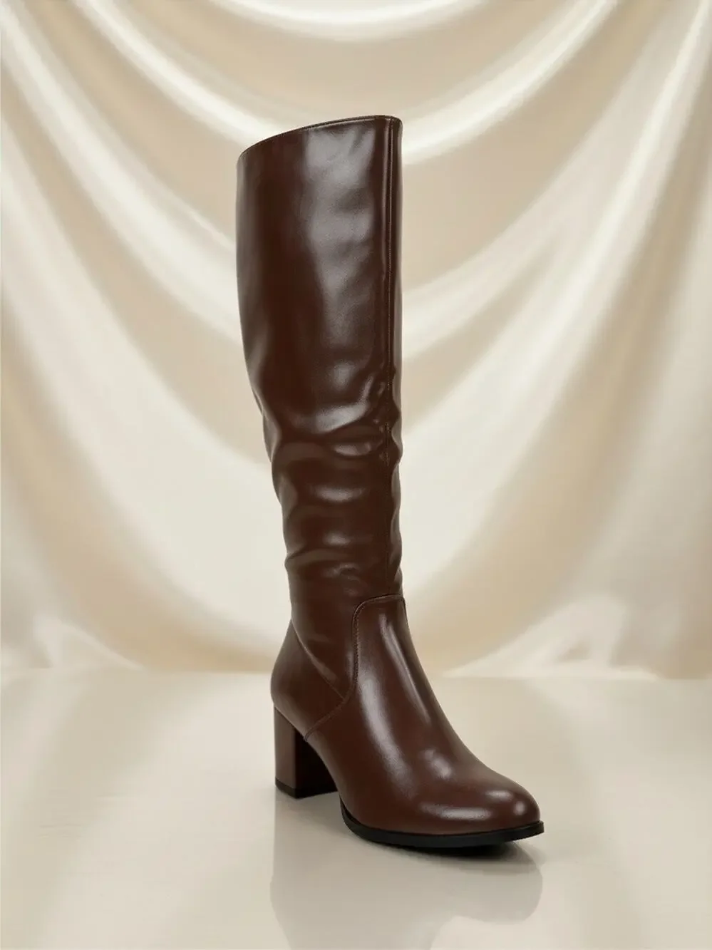 Womens Chocolate Brown Knee High Boots Block Heel Faux Leather Size 7.5